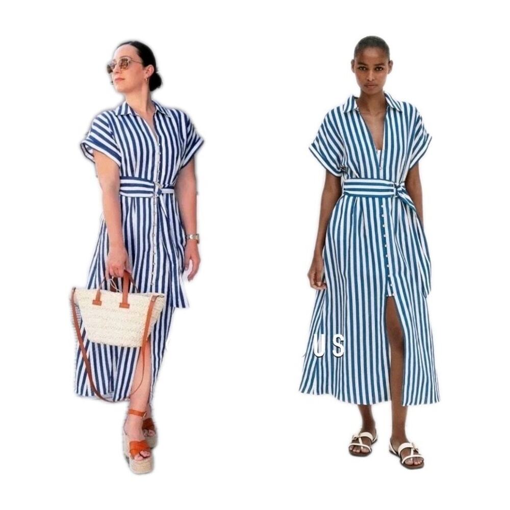 NWOT Zara Striped Linen Bld Shirt Dress XS XSmall Midi Blue White Resort No Belt